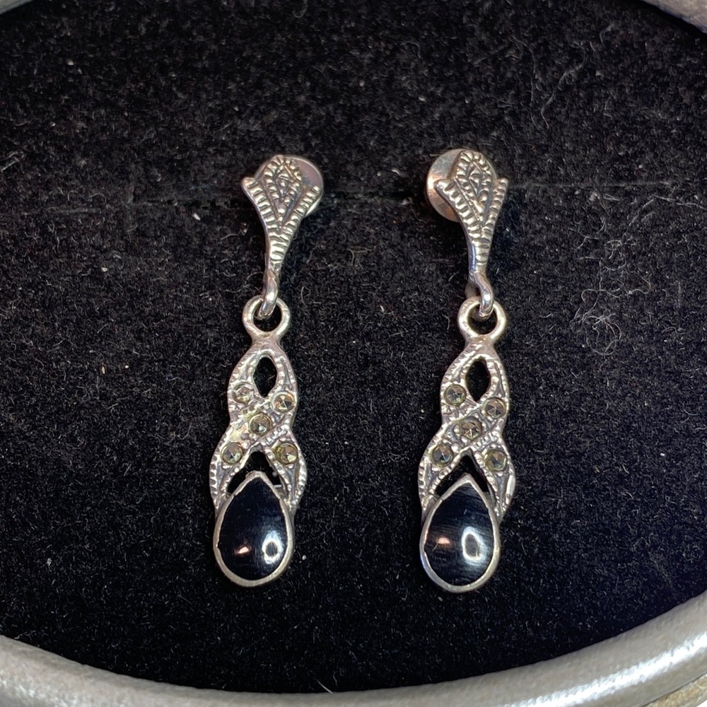 Vintage Natural Thailand Marcasite & Onyx Sterling Silver Drop Earrings